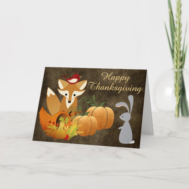 Cute Fox Woodland Animals Golden Thanksgiving Holiday Card (Front)