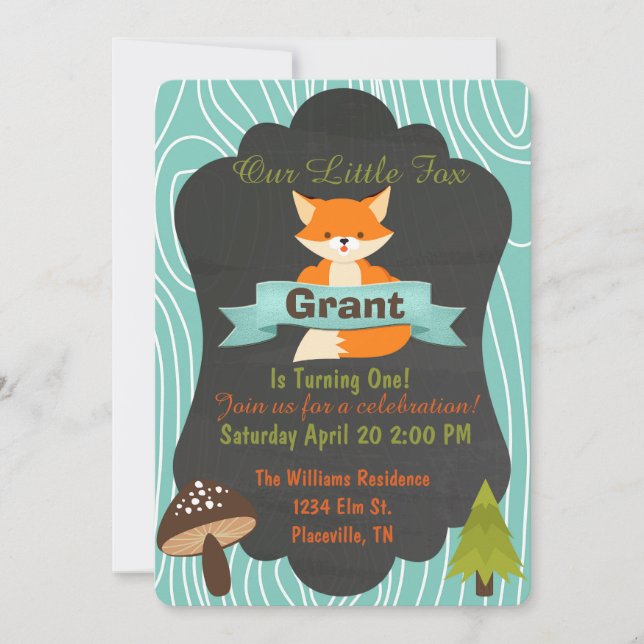 Cute Fox Woodland birthday party invitation 3 (Front)