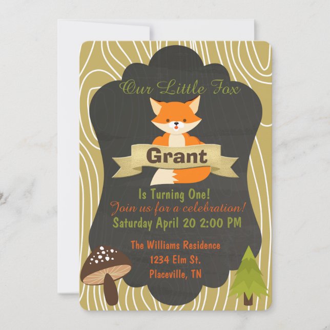 Cute Fox Woodland birthday party invitation 4 (Front)