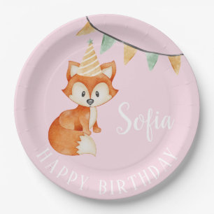 Cute Fox Woodland Happy Birthday pink Balloon Paper Plate