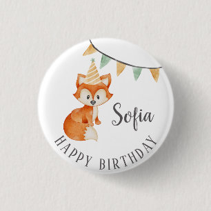 Cute Fox Woodland Party Hat Happy Birthday 1 Inch Round Button
