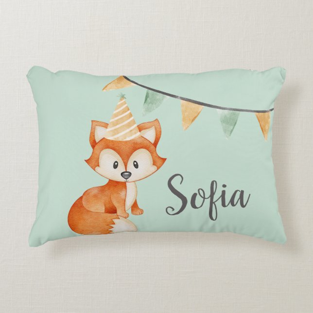 Cute Fox Woodland Party Hat Happy Birthday Mint Accent Pillow (Front)