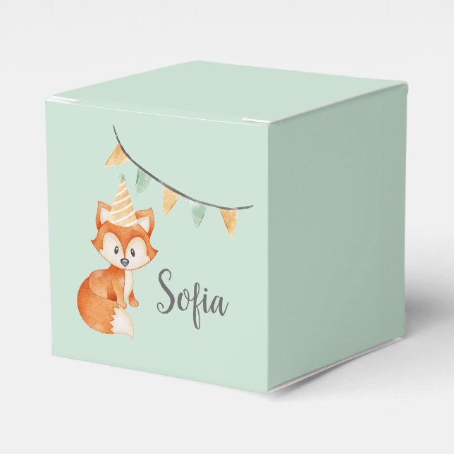 Cute Fox Woodland Party Hat Happy Birthday Mint Favor Box (Front Side)