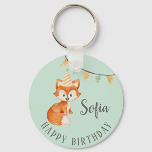 Cute Fox Woodland Party Hat Happy Birthday Mint Keychain