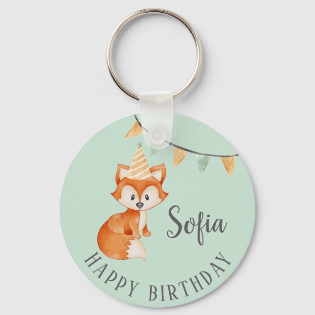 Cute Fox Woodland Party Hat Happy Birthday Mint Keychain (Front)