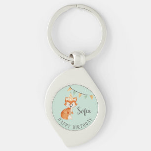 Cute Fox Woodland Party Hat Happy Birthday Mint Keychain