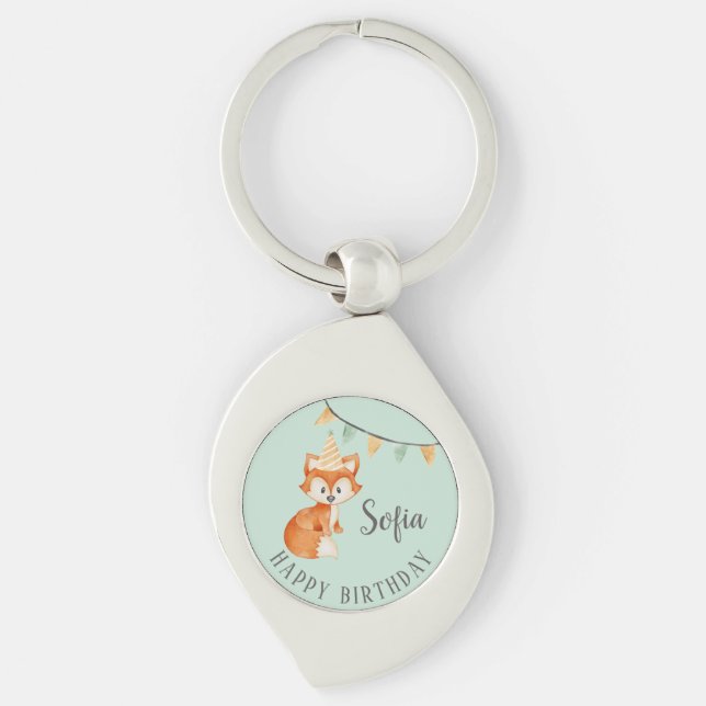 Cute Fox Woodland Party Hat Happy Birthday Mint Keychain (Front)