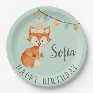 Cute Fox Woodland Party Hat Happy Birthday Mint Paper Plate