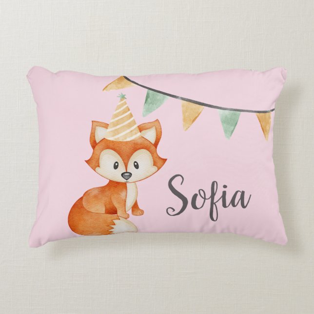 Cute Fox Woodland Party Hat Happy Birthday Pink Accent Pillow (Front)