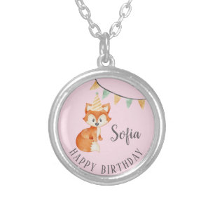 Cute Fox Woodland Party Hat Happy Birthday Pink Silver Plated Necklace