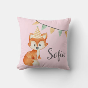Cute Fox Woodland Party Hat Happy Birthday Pink Throw Pillow
