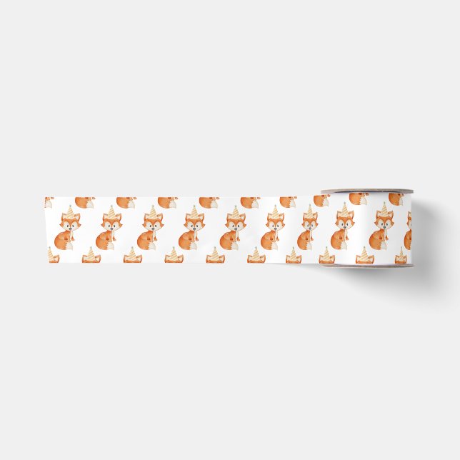 Cute Fox Woodland Party Hat Happy Birthday Satin Ribbon (Front)