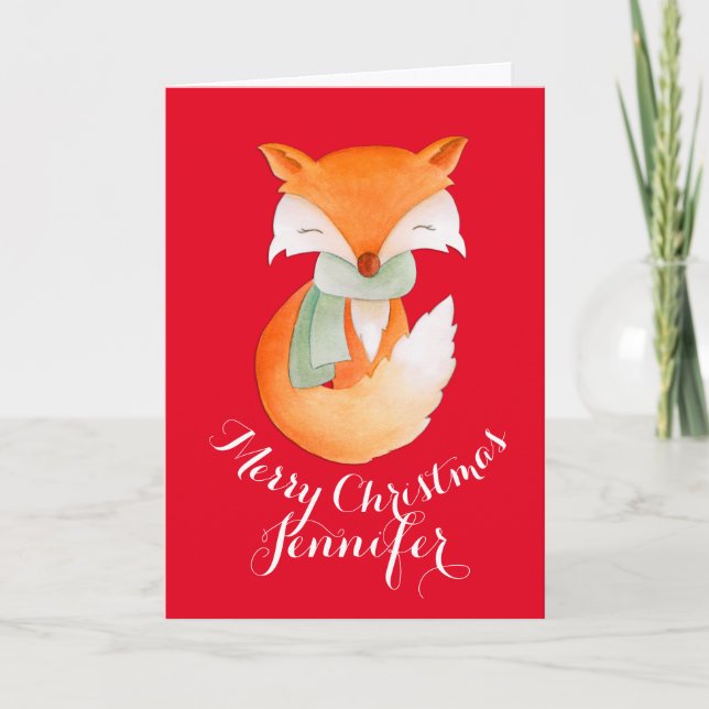 Cute fox wrapped up art greeting card red (Front)