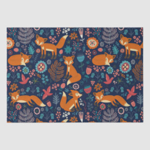 Cute Foxes Birds & Flowers Pattern Tissue Paper