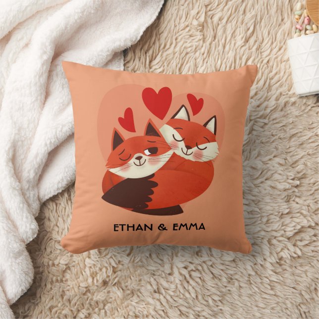 Cute Foxes Couple Personalized Valentine's Day  Throw Pillow (Blanket)