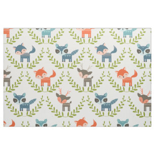 Cute Foxes & Deer With Green Wreath Pattern Fabric