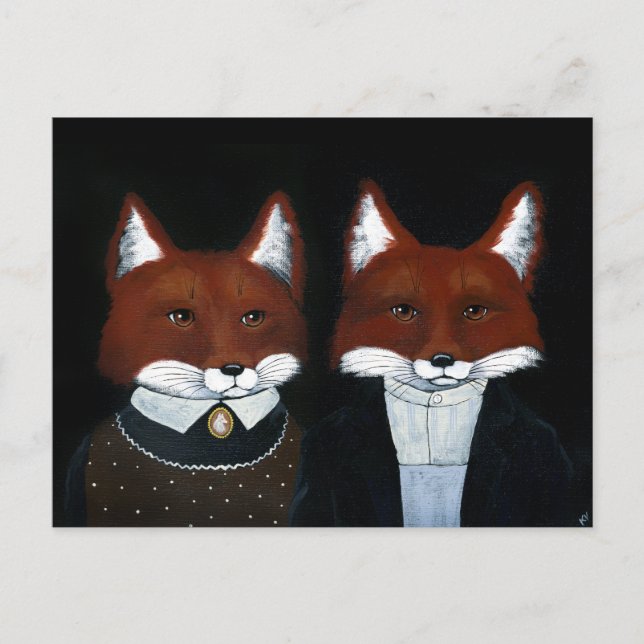 Cute Foxes Folk Art, American Gothic postcard (Front)