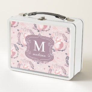 Cute Foxes Modern Adorable Girly Monogram Pink Metal Lunch Box