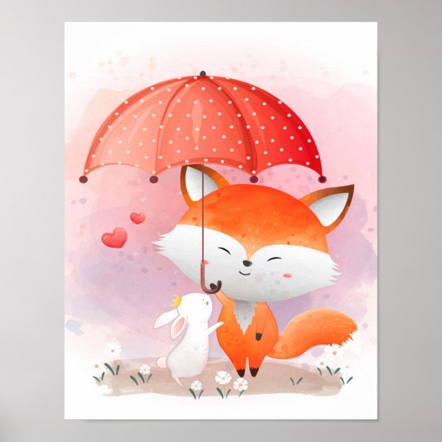 Cute foxes with a rabbit|gift for rabbit lover poster (Front)