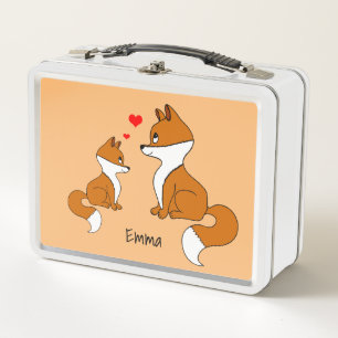 Cute foxes with hearts, hand drawn metal lunch box