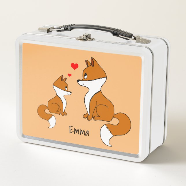Cute foxes with hearts, hand drawn metal lunch box (Front)