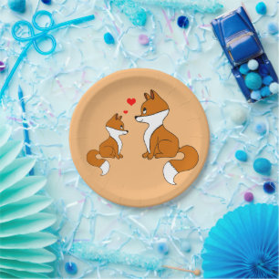 Cute foxes with hearts, hand drawn paper plate