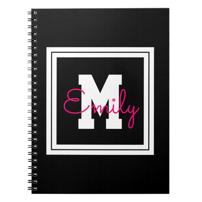 Cute Framed Name & Monogram | Black White & Pink Notebook (Front)