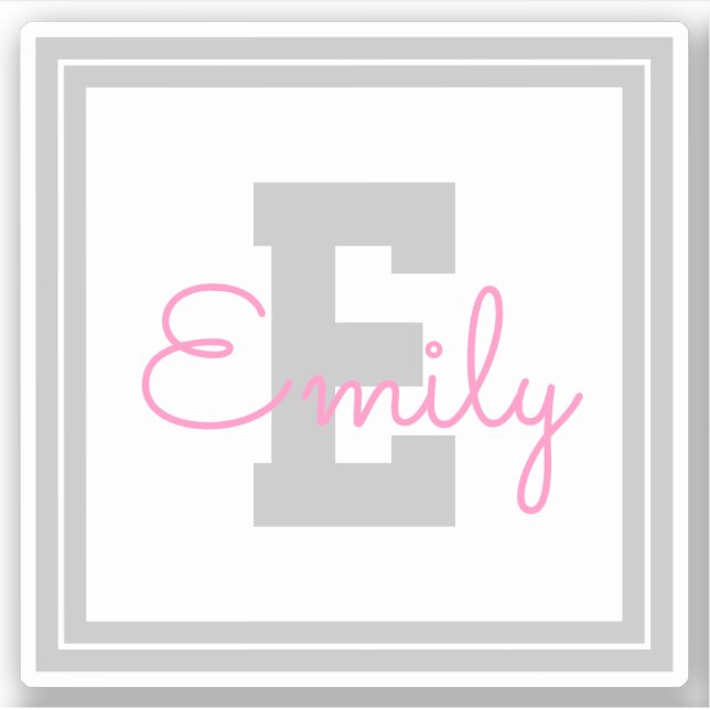 Cute Framed Name & Monogram | Light Grey & Pink (Front)