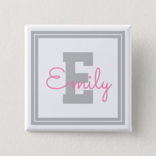 Cute Framed Name & Monogram   Light Grey & Pink 2 Inch Square Button