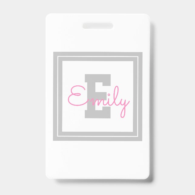 Cute Framed Name & Monogram | Light Grey & Pink Badge (Front)