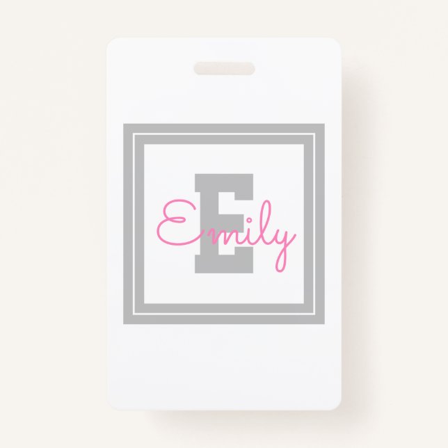 Cute Framed Name & Monogram | Light Grey & Pink Badge (Front)