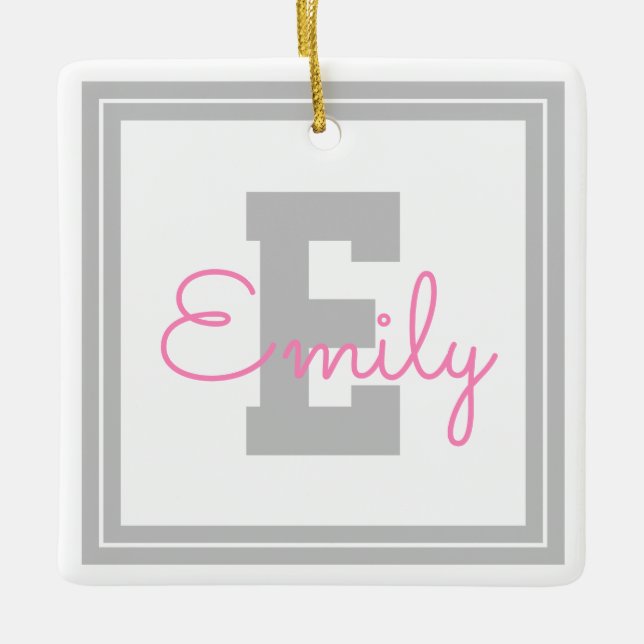 Cute Framed Name & Monogram | Light Grey & Pink Ceramic Ornament (Front)