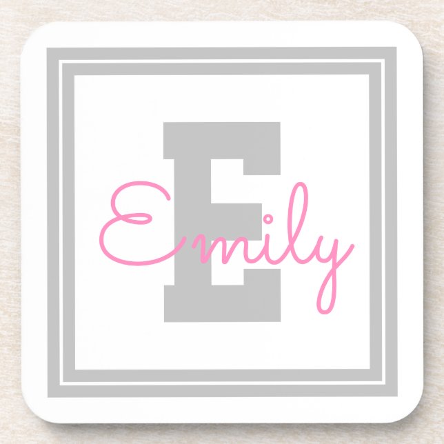 Cute Framed Name & Monogram | Light Grey & Pink Coaster (Front)