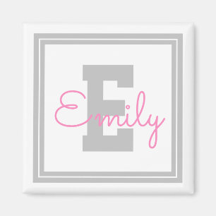 Cute Framed Name & Monogram   Light Grey & Pink Magnet