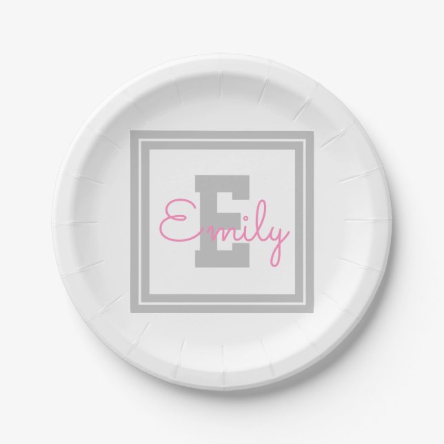 Cute Framed Name & Monogram | Light Grey & Pink Paper Plate (Front)