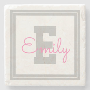 Cute Framed Name & Monogram Light Grey & Pink Stone Coaster