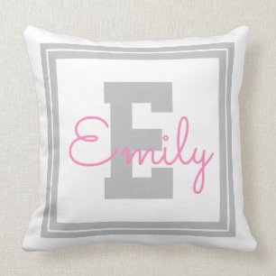Cute Framed Name & Monogram   Light Grey & Pink Throw Pillow