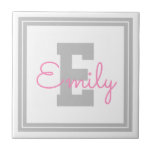 Cute Framed Name & Monogram | Light Grey & Pink Tile<br><div class="desc">Cute fully customizable name and monogram.</div>