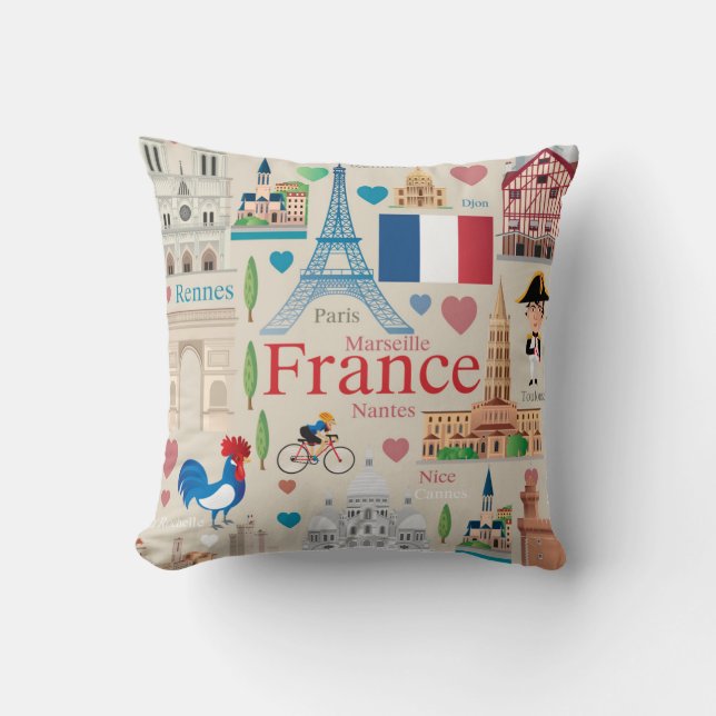 Cute France Icons Throw Pillow (Front)