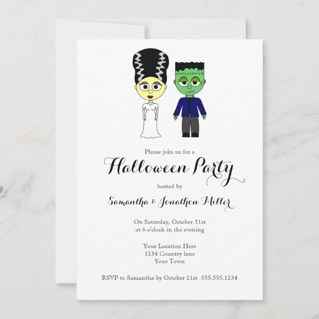 Cute Frankenstein and Bride Halloween Party Invitation (Front)