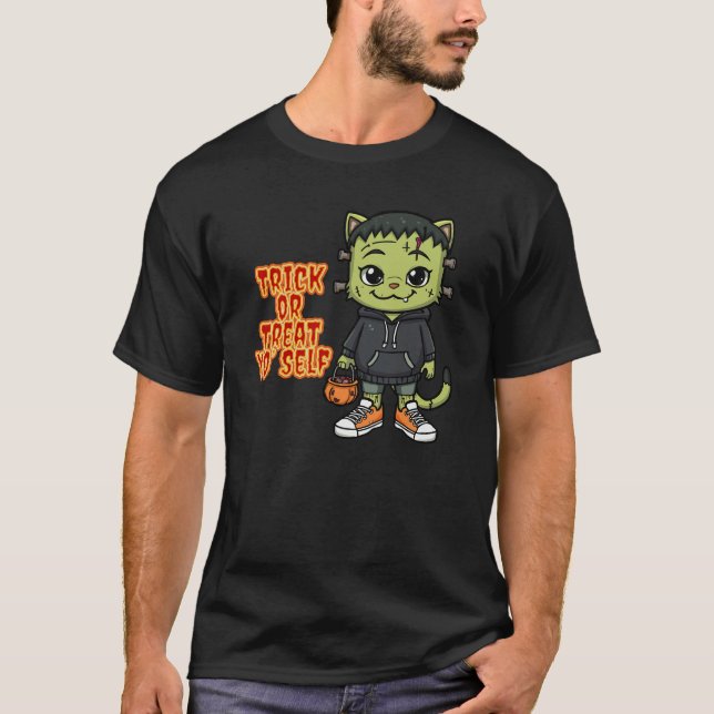 Cute Frankenstein Cat Monster – Kawaii Spooky Hall T-Shirt (Front)