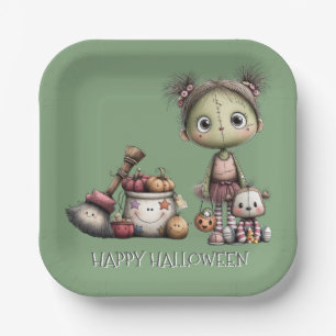 Cute Frankenstein Girl Kids Halloween Paper Plate