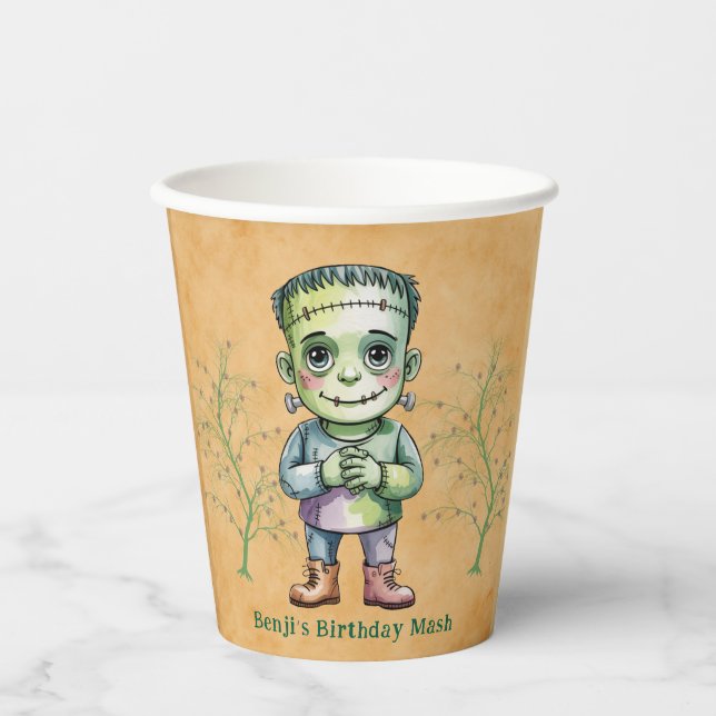 Cute Frankenstein Halloween Birthday Boy Party Paper Cups (Front)