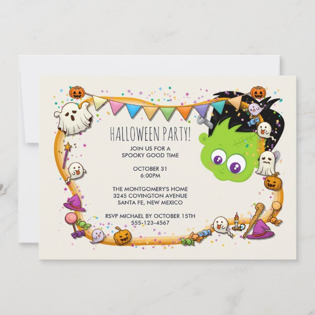 Cute Frankenstein Monster & Halloween Frame Party Invitation (Front)