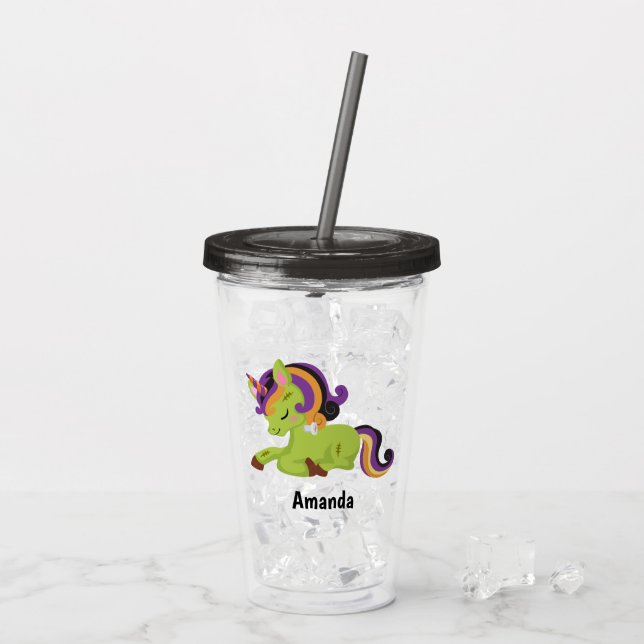 Cute Frankenstein Unicorn Halloween Acrylic Tumbler (Back Ice)
