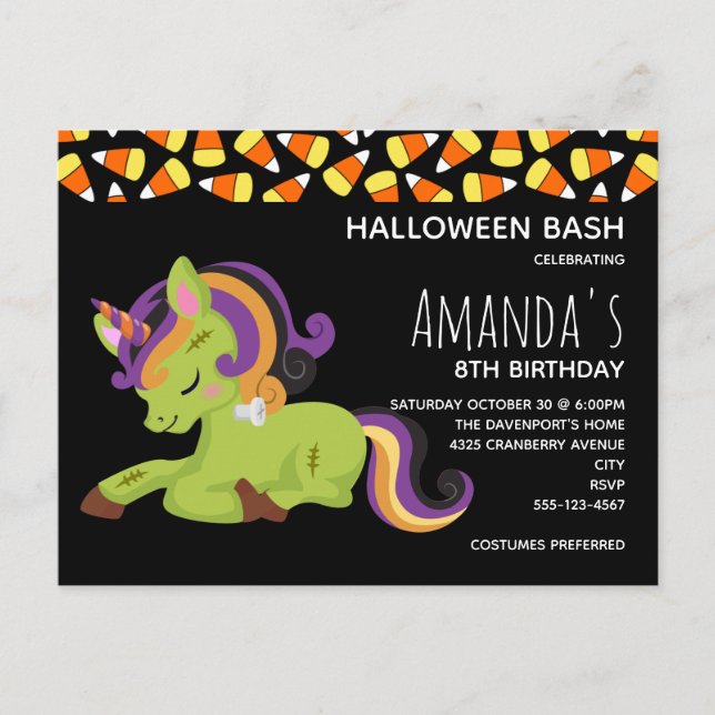 Cute Frankenstein Unicorn Halloween Birthday Invitation Postcard (Front)