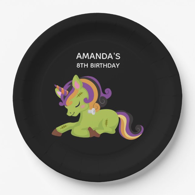 Cute Frankenstein Unicorn Halloween Birthday Paper Plate (Front)