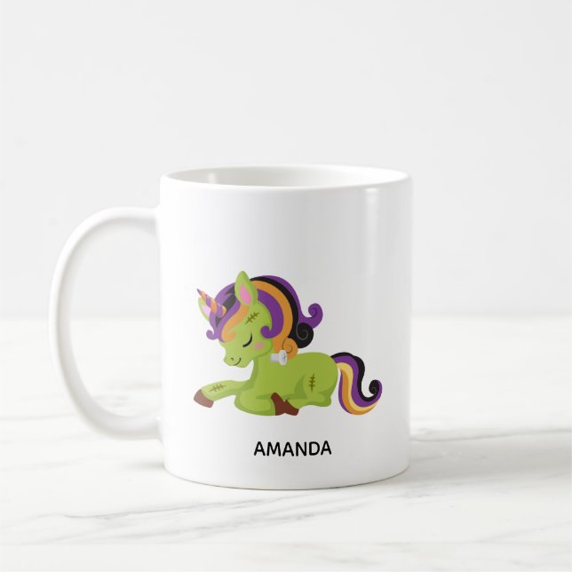 Cute Frankenstein Unicorn Halloween Drawing Coffee Mug (Left)