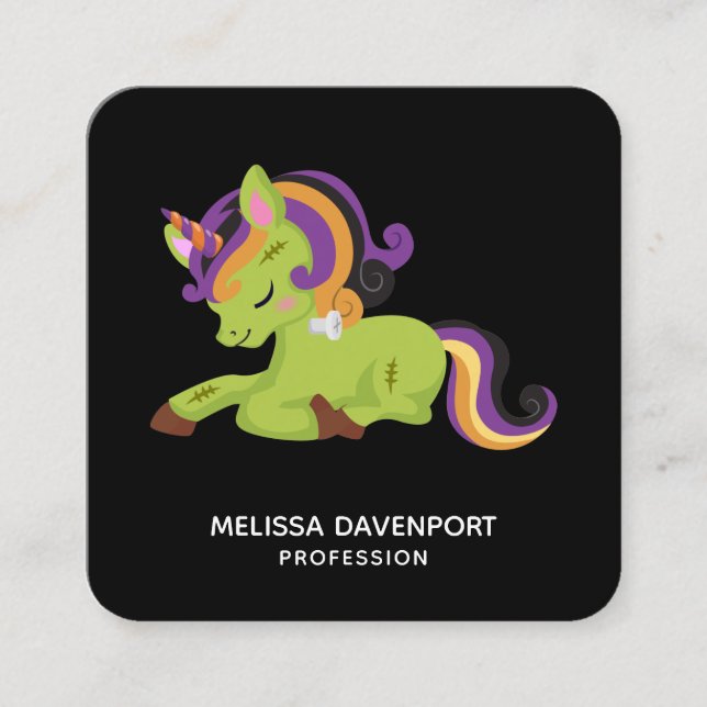 Cute Frankenstein Unicorn Halloween Drawing Square Business Card (Front)
