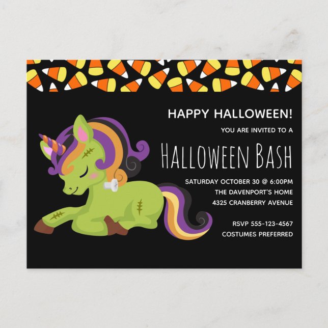 Cute Frankenstein Unicorn Halloween Party Invitation Postcard (Front)